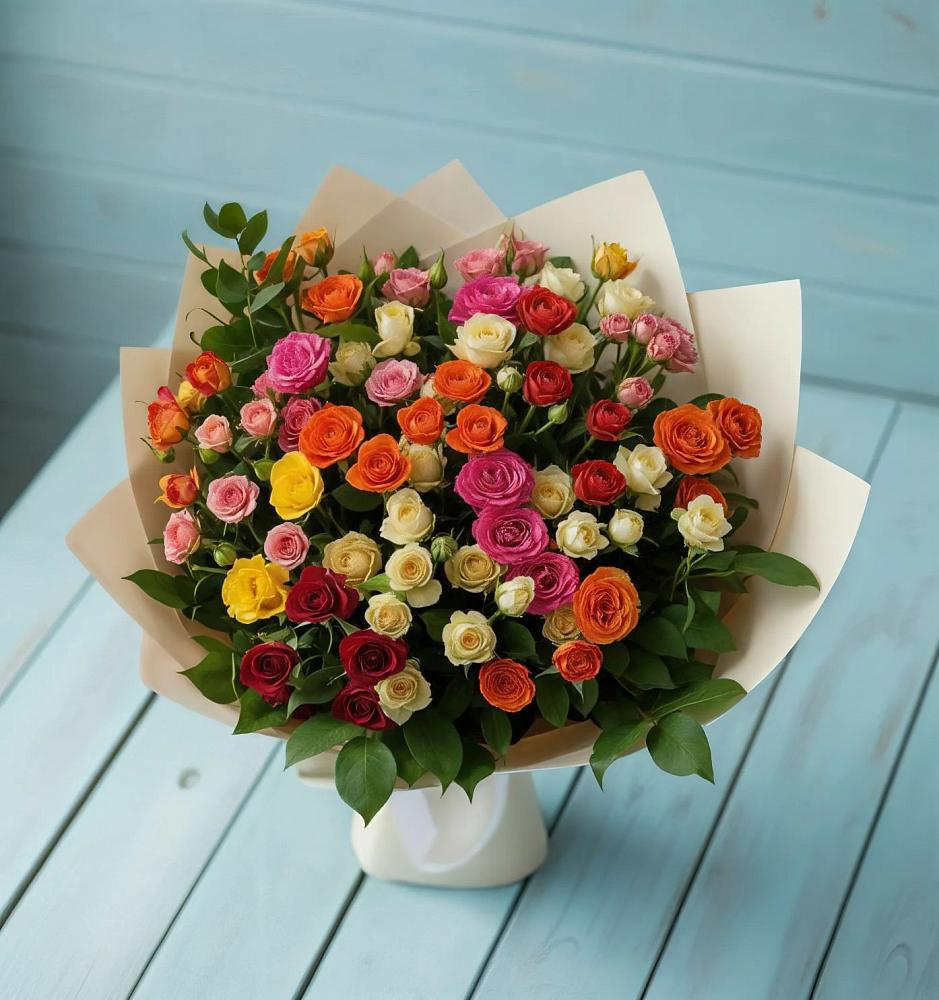 Букет Микс из разноцветных кустовых роз в Советской Ставропольского края