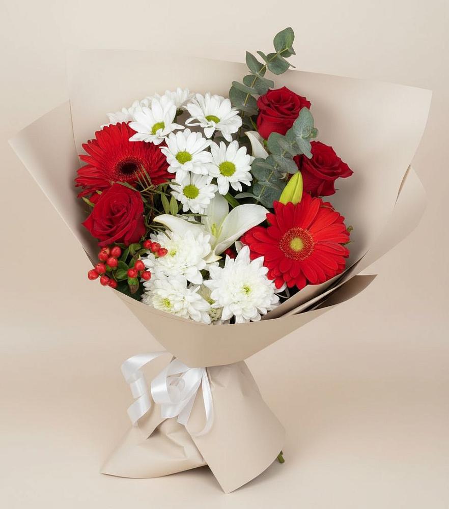 Букет цветов из: Розы, Хризантемы, Герберы и Лилии в Советской Ставропольского края