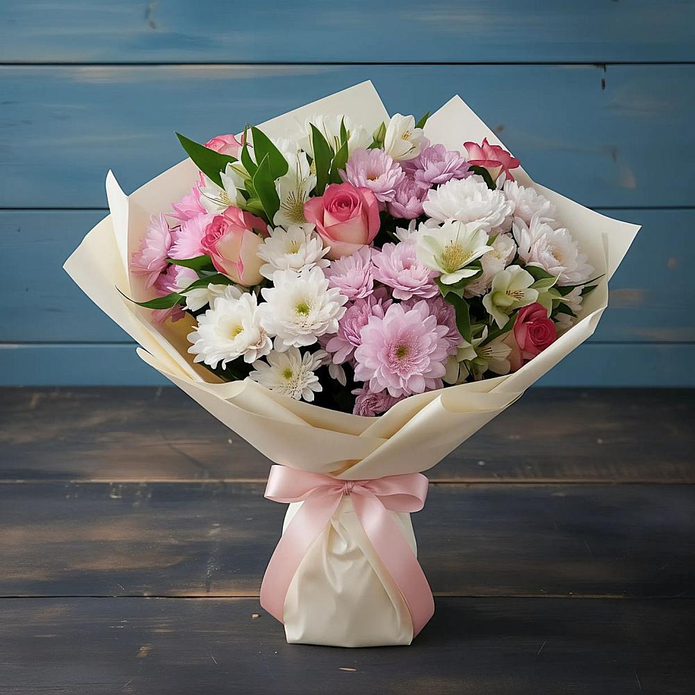 Букет цветов из: Хризантемы, Альстромерии и Розы в Советской Ставропольского края